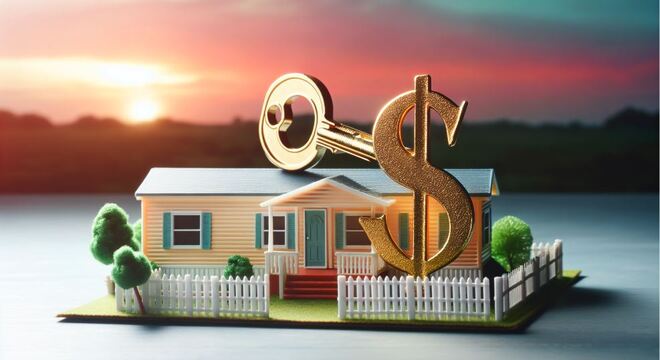 Financial concept with a key and house model symbolizing financing options for Auburndale mobile homes