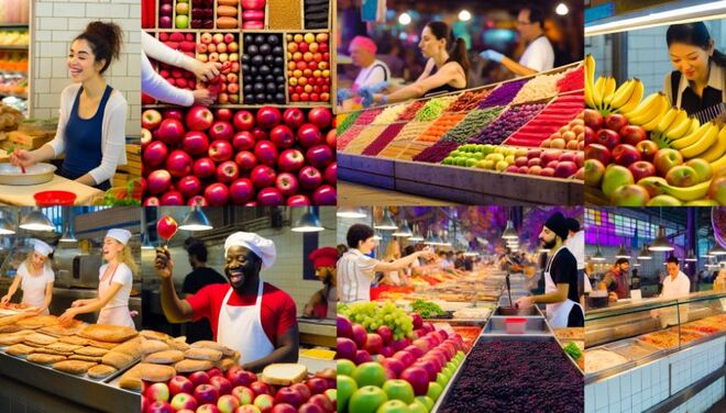 Delicious food options including fresh produce and dining areas at International Market World