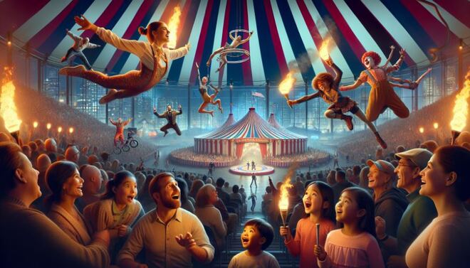 Exciting circus show with performers and audience at International Market World