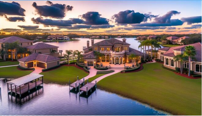 Breathtaking view of the featured lakefront estate in Winter Haven, FL