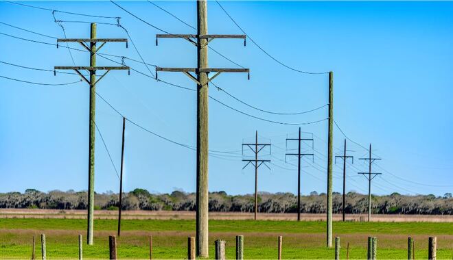 Utility poles and power lines in a rural area of Polk County, FL
