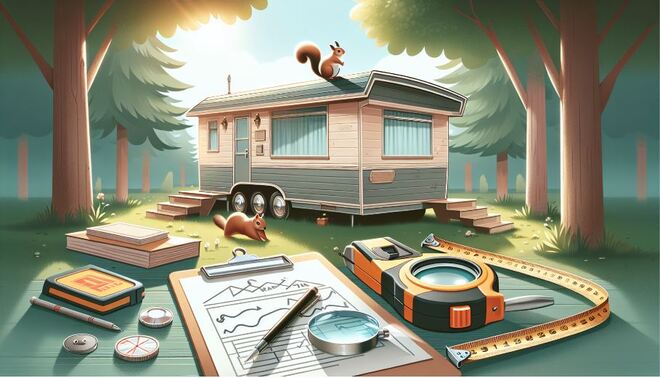 Illustration of a mobile home surrounded by a checklist and inspection tools